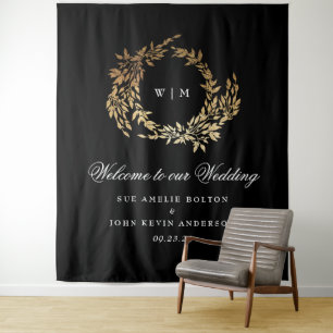 Traditional Monogram Black Crest Classic Wedding Tapestry