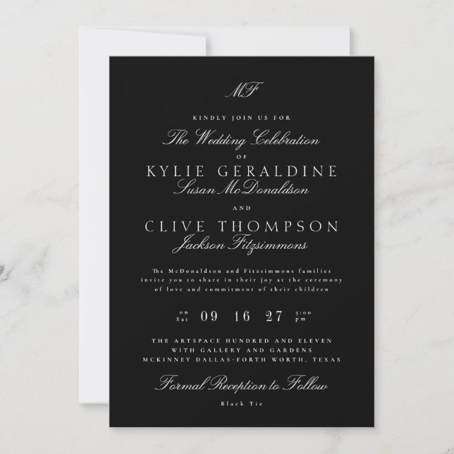 Traditional Monogram Black Tie White Wedding Invitation (Front)