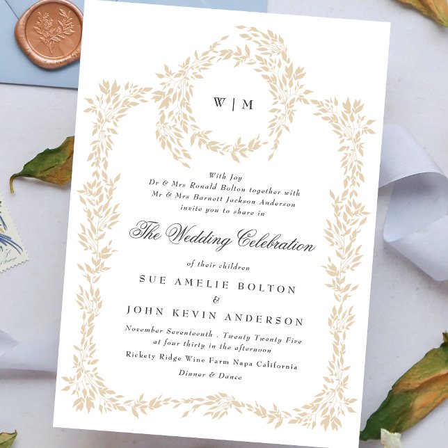 traditional Monogram Blush Crest Elegant Wedding Invitation (Creator Uploaded)