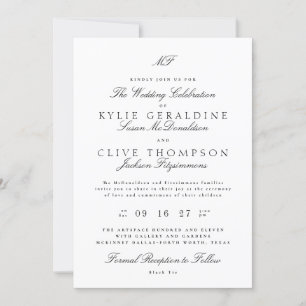Traditional Monogram Classic Black White Wedding Invitation