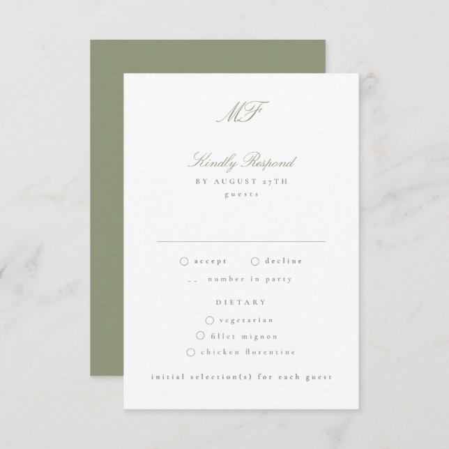 Traditional Monogram Classic Sage Green Wedding RSVP Card (Front/Back)