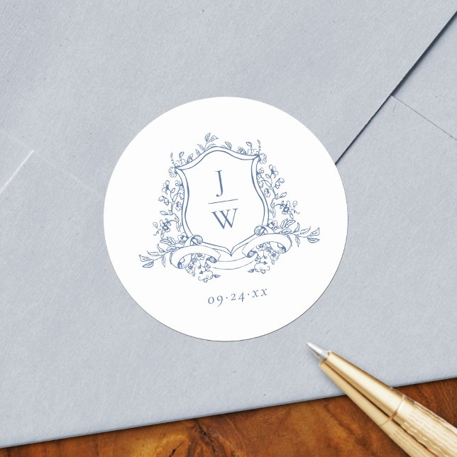 Traditional Monogram Crest Blue Elegant Wedding Classic Round Sticker (Creator Uploaded)