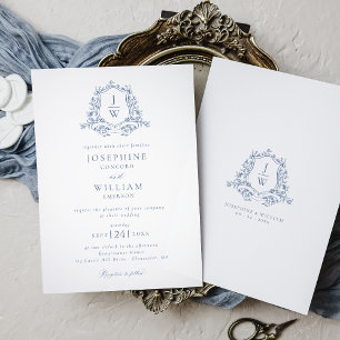 Traditional Monogram Crest Blue Elegant Wedding Invitation