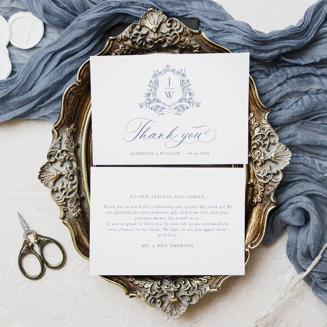 Traditional Monogram Crest Blue Elegant Wedding Thank You Card (Creator Uploaded)