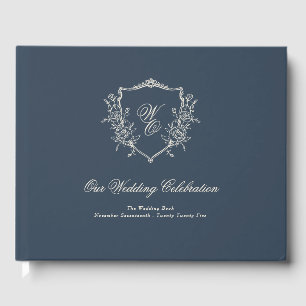 traditional Monogram Crest Classic Navy Wedding Guest Book