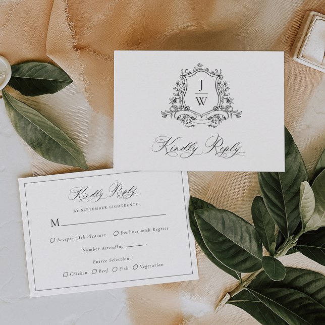 Traditional Monogram Crest Floral Elegant Wedding RSVP Card (Creator Uploaded)