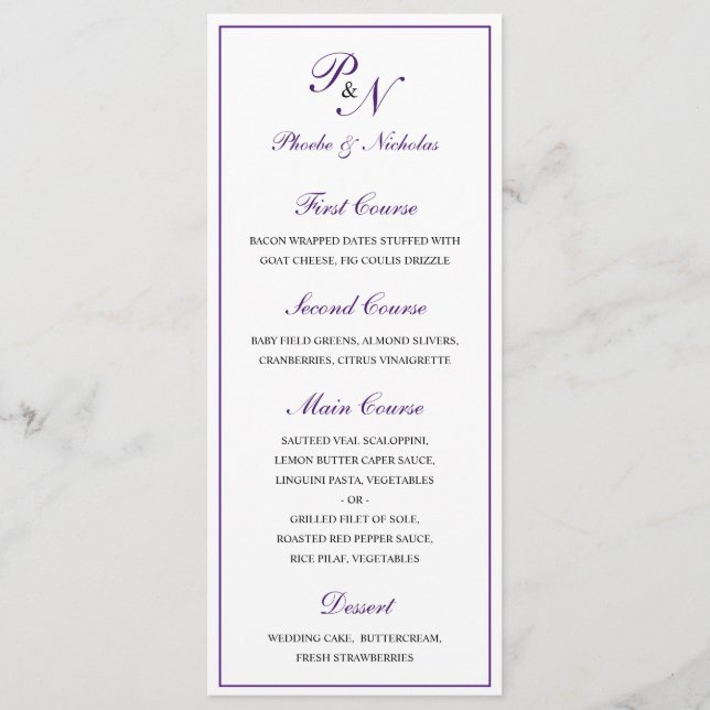 Traditional Monogram Formal Purple Wedding Menu (Front)