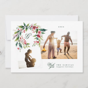 Traditional Monogram Green Wreath 2 photo collage Holiday Card