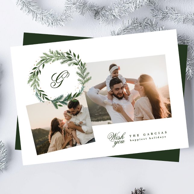 Traditional Monogram Green Wreath photo collage Holiday Card (Creator Uploaded)