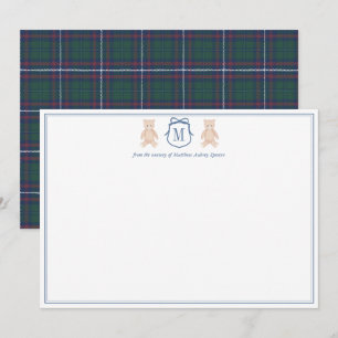 Traditional Monogram Teddy Bear Boy Baby Shower Thank You Card