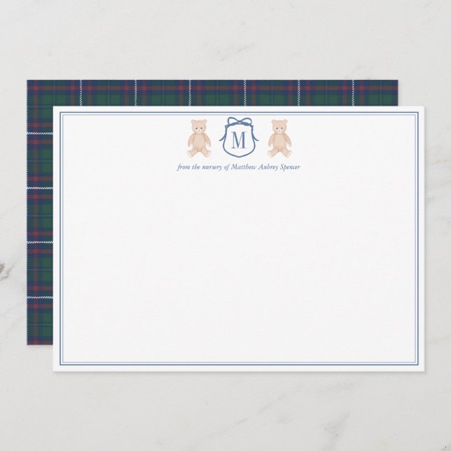 Traditional Monogram Teddy Bear Boy Baby Shower Thank You Card (Front/Back)