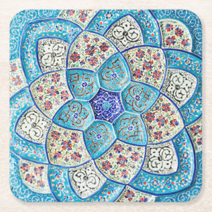 Traditional Moroccan turquoise Blue, white, salmon Square Paper Coaster