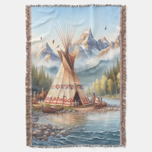 Traditional Native Indian Teepee Nature Scene Digi Throw Blanket (Front Vertical)
