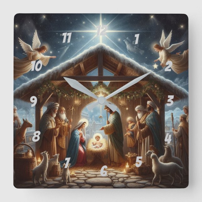 Traditional Nativity Scene Square Wall Clock (Front)