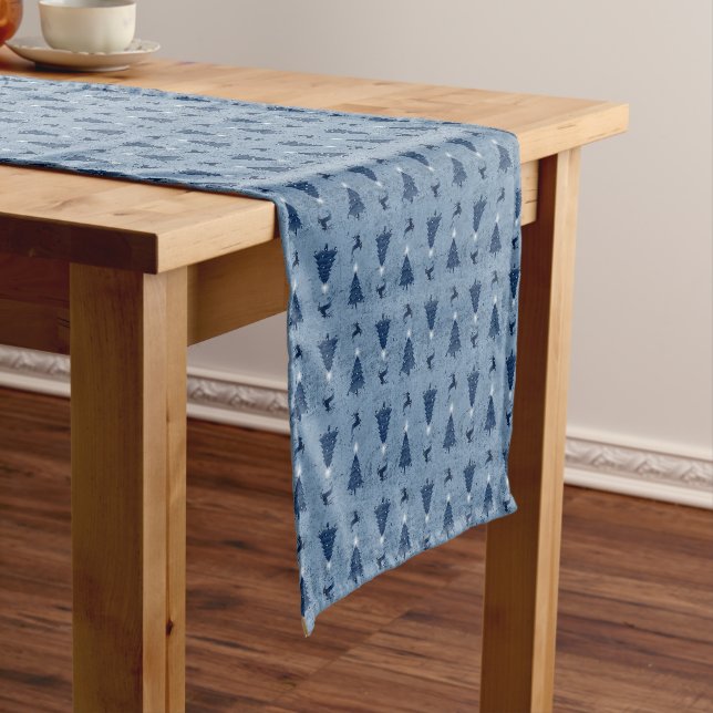 Traditional Navy Blue Christmas Trees & Reindeer Short Table Runner (In Situ)