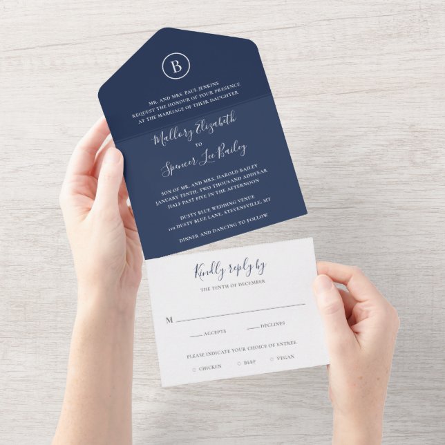 Traditional Navy Blue Elegant Wedding All In One Invitation (Tearaway)