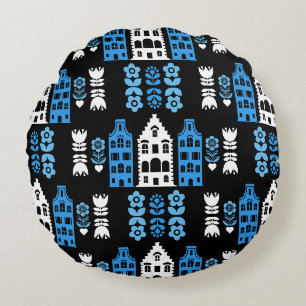 Traditional Netherlands Folk Art Print Round Cushion
