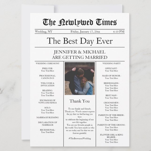 Traditional Newspaper Wedding Invitation (Front)