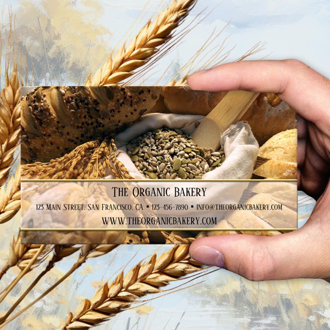 Traditional Organic Bread Bakery Business Card (Business card featuring an image of breads and grains. Beautiful for a bread or organic bakery)