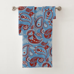 Traditional Paisley Linocut Red White Blue Bath Towel Set