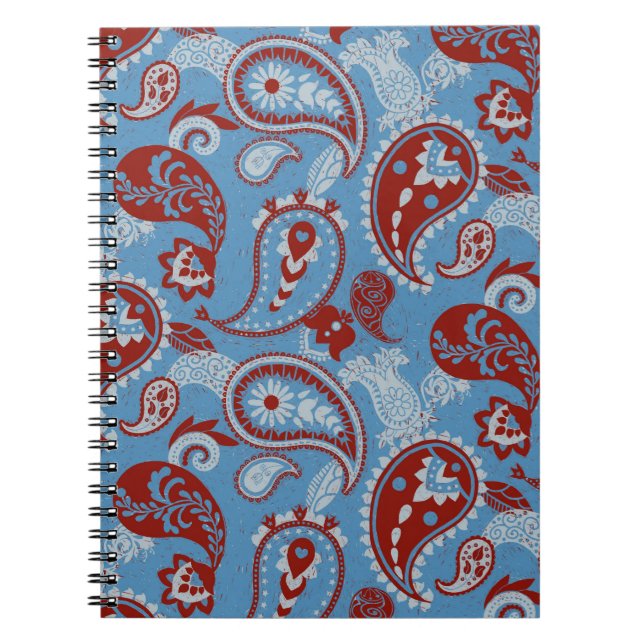 Traditional Paisley Linocut Red White Blue Notebook (Front)