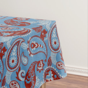Traditional Paisley Linocut Red White Blue Tablecloth