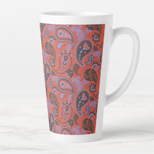 Traditional Paisley Linocut Vivid Orange Purple Latte Mug