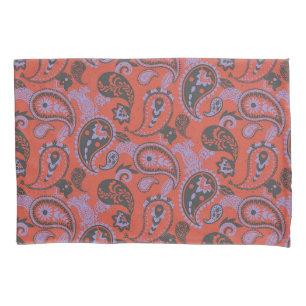 Traditional Paisley Linocut Vivid Orange Purple Pillowcase