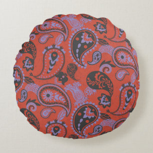 Traditional Paisley Linocut Vivid Orange Purple Round Cushion