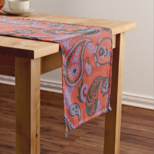 Traditional Paisley Linocut Vivid Orange Purple Short Table Runner