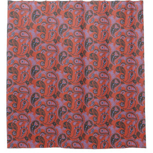 Traditional Paisley Linocut Vivid Orange Purple Shower Curtain