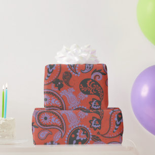 Traditional Paisley Linocut Vivid Orange Purple Wrapping Paper