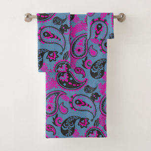 Traditional Paisley Linocut Vivid Pink Dusky Blue Bath Towel Set