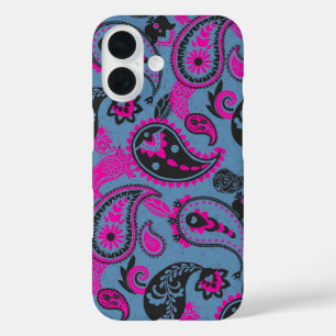 Traditional Paisley Linocut Vivid Pink Dusky Blue iPhone 16 Case