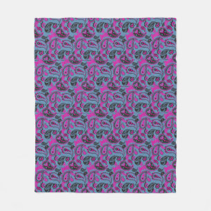 Traditional Paisley Linocut Vivid Pink Dusky Blue Fleece Blanket