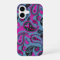 Traditional Paisley Linocut Vivid Pink Dusky Blue