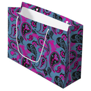 Traditional Paisley Linocut Vivid Pink Dusky Blue Large Gift Bag