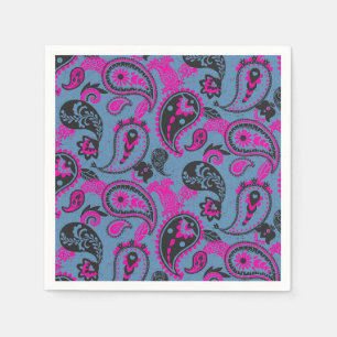 Traditional Paisley Linocut Vivid Pink Dusky Blue Napkin
