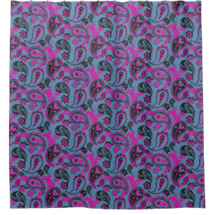 Traditional Paisley Linocut Vivid Pink Dusky Blue Shower Curtain