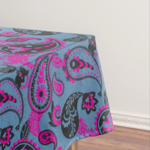 Traditional Paisley Linocut Vivid Pink Dusky Blue Tablecloth