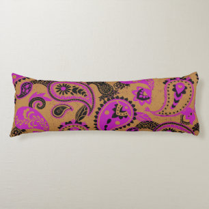 Traditional Paisley Linocut Vivid Pink Mustard Body Cushion