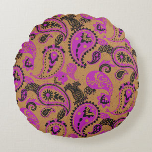 Traditional Paisley Linocut Vivid Pink Mustard Round Cushion
