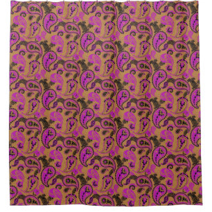 Traditional Paisley Linocut Vivid Pink Mustard Shower Curtain