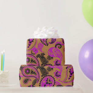 Traditional Paisley Linocut Vivid Pink Mustard Wrapping Paper
