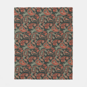 Traditional Paisley Linocut Warm Orange Mint Green Fleece Blanket