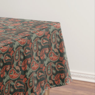 Traditional Paisley Linocut Warm Orange Mint Green Tablecloth