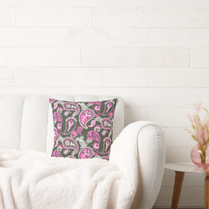 Traditional Paisley Linocut Warm Pink Deep Green Cushion