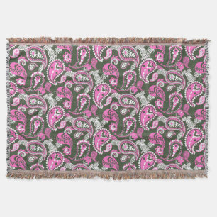 Traditional Paisley Linocut Warm Pink Deep Green Throw Blanket