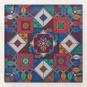 Traditional Palestine Embroidery tatreez  colorful Glass Coaster