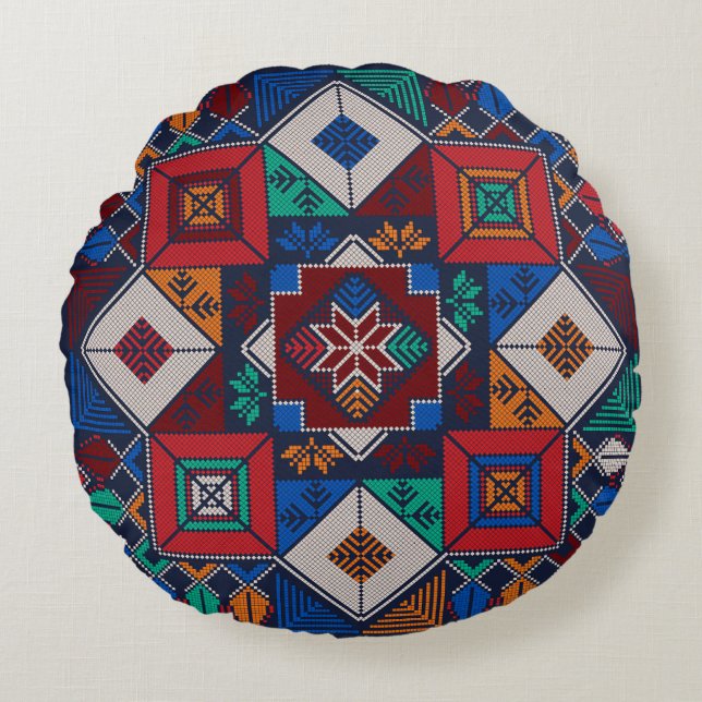 Traditional Palestine Embroidery tatreez  colourfu Round Cushion (Front)
